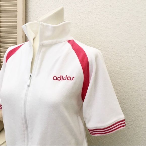 ADIDAS White & Pink Sporty Velour short Sleeve Zip Sweat Jacket, Small - Picture 5 of 8